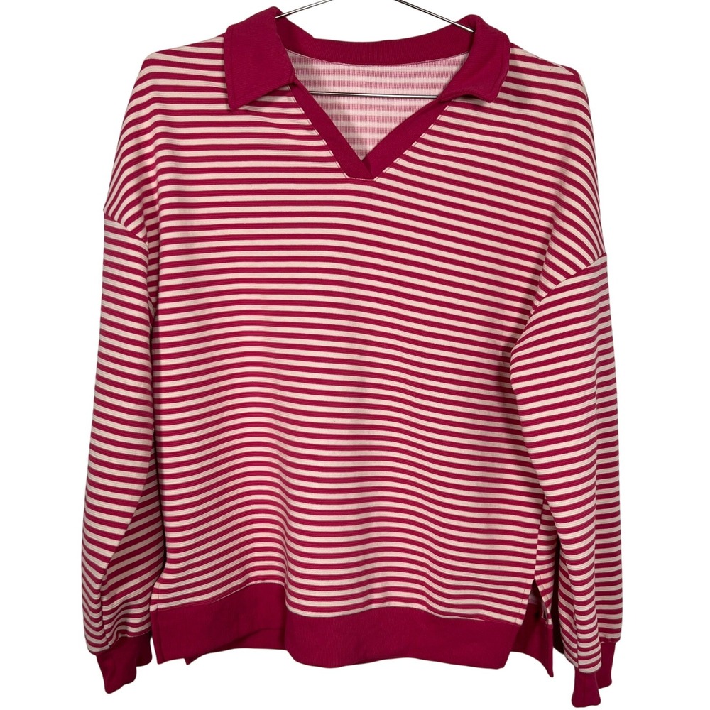 Pink and White Striped Long Sleeve‎ Polo V-Neck Pullover Top Size Small
